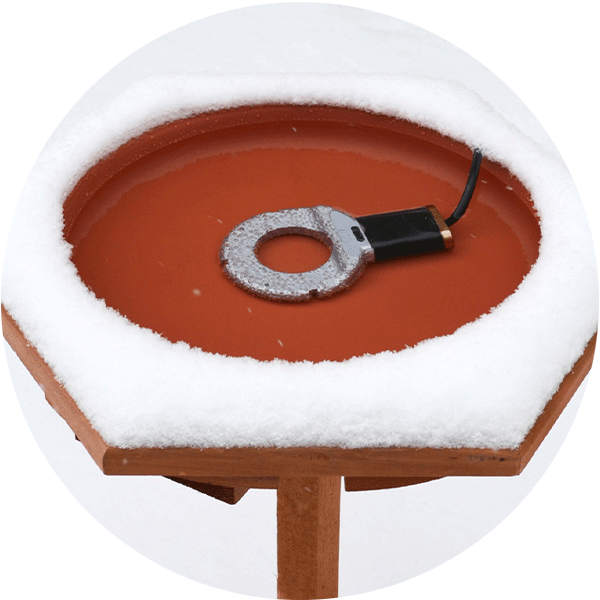 Bird bath heater laying in a bird bath